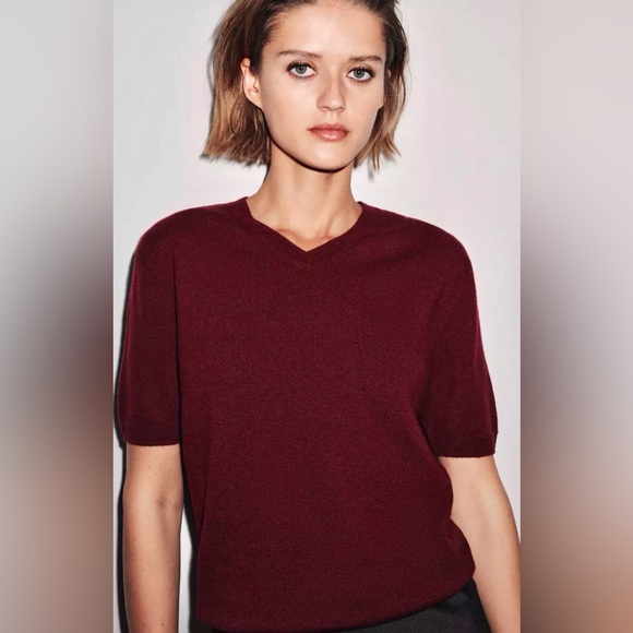 Zara 100% WOOL WINE KNIT SHORT SLEEVE JUMPER Size XL - Picture 2 of 6